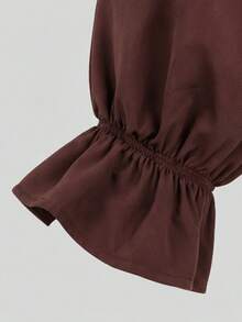 Women's Brown V-Neck Ruffle Blouse, Flared Sleeve Elegant Button-Down Shirt, Suitable For Commute, Outings, Dates And Afternoon Tea, Autumn Outfit - Coffee Brown - View 10