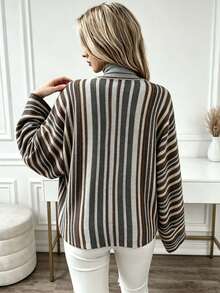 Plus Size Casual Fashion Contrast Color Cape-Style Knit Cardigan With Pom Poms, Long Sleeve - Multicolor - View 6