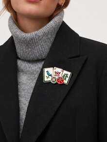 1pc Women's Fun Mahjong Brooch, Gold Enamel Clown Card & Lucky Charm Lapel Pin, Green Rhinestone Coat Scarf Accessory - Multicolor - View 1