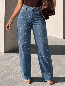 Women's Autumn/Winter Gorgeous Pearl Embellished Washed Grey Wide Leg Pants, Spring/Summer New Women's Jeans, Versatile For Daily Commute And Dating - Blue - View 2