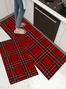 1/2pcs Christmas Floor Mat, Red Buffalo Plaid Pattern, Vintage Diatomaceous Earth Mat, Super Absorbent, Non-Slip, Perfect For Bathroom, Kitchen And Dining Room, Quick Drying, Perfect Gift For Home Decor And Bathroom Mat, Christmas Holiday Gift! - Multicolor - View 6