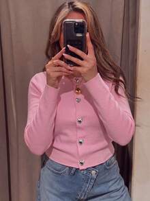 Women's Pink Knit Long Sleeve Crew Neck Regular Fit Pullover Sweater - Pink - View 3