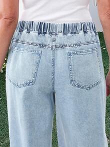 Light Color Straight Leg Wide Leg Cropped Plus Size Women's Jeans Solid Denim Drawstring Full Waist Elastic Band Wide Leg Plus Size Women's Cropped Jeans Holiday Home All Seasons - Light Blue - View 4