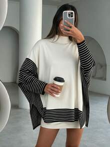 Sweater Rajut Wanita SEREN Baru Kerah Semi Tinggi Motif Patchwork Bergaris, Atasan Lengan Panjang Desain Longgar, Cocok untuk Pemakaian Harian dan Musim Gugur - Hitam dan Putih - View 3