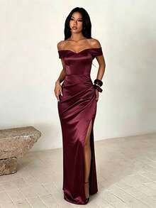 1pc Solid Color Elegant Knitted Fabric High Slit To Thigh Dress For Wedding, Vacation, Autumn - Burgundy - View 3