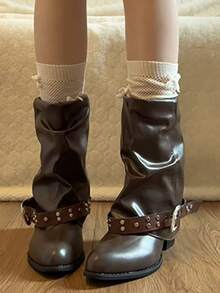 ABZT Vintage Chunky Heel Boots Women's 2026 New Autumn Ruched Shaft Pointed Toe Ankle Boots - Brown - View 2