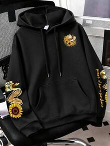 Moletom com Estampa de Letra de Girassol, Moletom Casual de Manga Longa com Capuz e Bolso para Mulheres Plus Size, Preto, Outono/Inverno, Férias - Preto - Visão 2