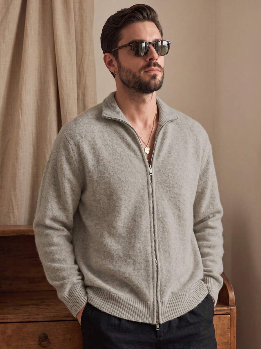Jaket Layering LOOKUN Musim Gugur dan Dingin Warna Polos Kerah Lapel Gaya Bisnis Sport Komuter Longgar Nyaman Lengan Panjang Kardigan Sweater Pendek Rajut - Khaki - View 1