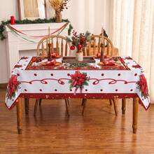 1pc Christmas Tree Holly Leaf Poinsettia Print Rectangular Tablecloth, Suitable For Holiday, Party, Birthday, Dinner, Restaurant Table Decoration, Christmas Home Autumn/Winter Decor - Multicolor - View 2