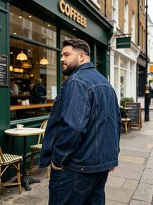 Men Denim Jacket Loose Plus Size Dark Blue Washed Button Front Lapel Collar Long Sleeve Coat With Chest Pockets Casual Spring Fall Outerwear - Navy Blue - View 2