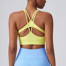 Women's Seamless Ribbed Sports Bra With Criss-Cross Back And Built-In Padding, Elastic Yoga Fitness Bra - Yellow - View 10