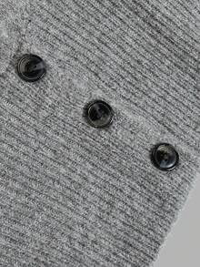 Sweater Rajut Wanita Warna Abu-abu Musim Gugur, Kerah Tinggi, Detail Kancing di Depan, Hem Bergaris, Atasan Kasual Lengan Panjang untuk Beraktivitas di Luar Ruangan - Grey - View 5