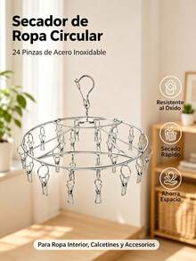 ADH-004 Tendedero Colgante de Acero Inoxidable con 24 Pinzas, Organizador para Ropa y Accesorios, Diseño Circular para Secar Calcetines, Ropa Interior, Pañuelos y Prendas Pequeñas, Ahorra Espacio y Mantiene Todo Ordenado, Ideal para Lavandería, Baño, Balcón, Patio, Viajes y Uso Diario - Plateado - Ver 4