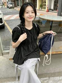 2025 Summer Women Korean Style Drawstring Round Neck Top Black - Black - View 4