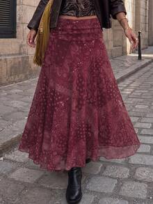 Women's Fashion Holiday Cashew Pattern Printed Pleated Maxi Skirt - Red - View 2