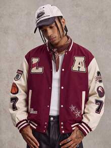 Men's Colorblock Patchwork Letter Embroidery Baseball Jacket, Autumn, Casual, Graduation, Back To School, Letter Varsity Jacket - Hot Pink - View 1