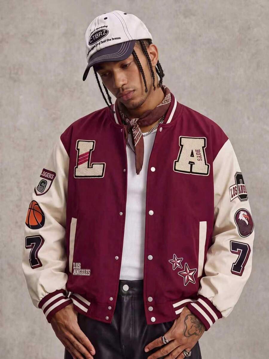 Men's Colorblock Patchwork Letter Embroidery Baseball Jacket, Autumn, Casual, Graduation, Back To School, Letter Varsity Jacket - Hot Pink - View 1