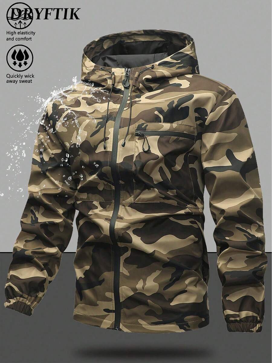 Men's Hooded Drawstring Soft Shell Windbreaker Jacket, Sports & Casual, Front Large Pocket, Zipper Side Pockets, Suitable For Daily Wear, Versatile & Popular Jacket