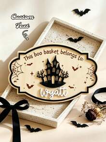 Custom 3D Halloween Wooden Name Plate, 2 Styles Ghost Theme Candy Basket Name Plate, Suitable For Haunted House, Halloween Party Trick Or Treat Decoration Name Plate - Multicolor - View 3