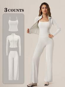 TimeOff Women's 3 Pieces Set Autumn/Winter Solid Color Small Stand Collar Zipper Jacket, Camisole Top, High Waist Wide Leg Pants - Apricot - View 1
