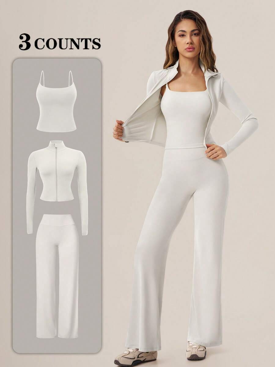 TimeOff Women's 3 Pieces Set Autumn/Winter Solid Color Small Stand Collar Zipper Jacket, Camisole Top, High Waist Wide Leg Pants - Apricot - View 1