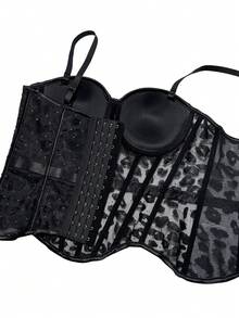 Fashion Fantasy Lace Corset Mesh Bustier Shining Rhinestones Crop Top Sexy Camisole Daily Outfit Black Summer Party Festival Top - Black - View 6