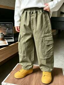 Boys' Toddler Autumn Loose Fit Washed Workwear Cotton Long Pants With Large Pockets, Suitable For Daily, Home And Outdoor Wear - Olive Green - View 4