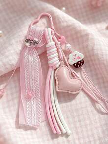 Korean Style Pink Cake Heart Bag Charm, Lace Ribbon Braided Rope Keychain, Cute Girly Bag Pendant - Multicolor - View 8