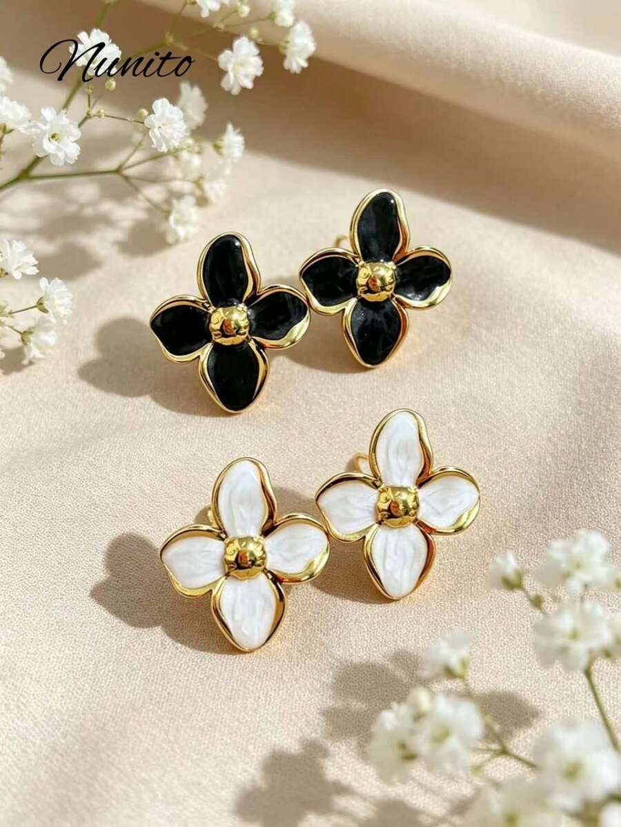 2 Pairs Vacation Beach Style Oil Drop Flower Stud Earrings, Suitable For Pool Party, Daily Wear, Gift For Women - Multicolor - View 1