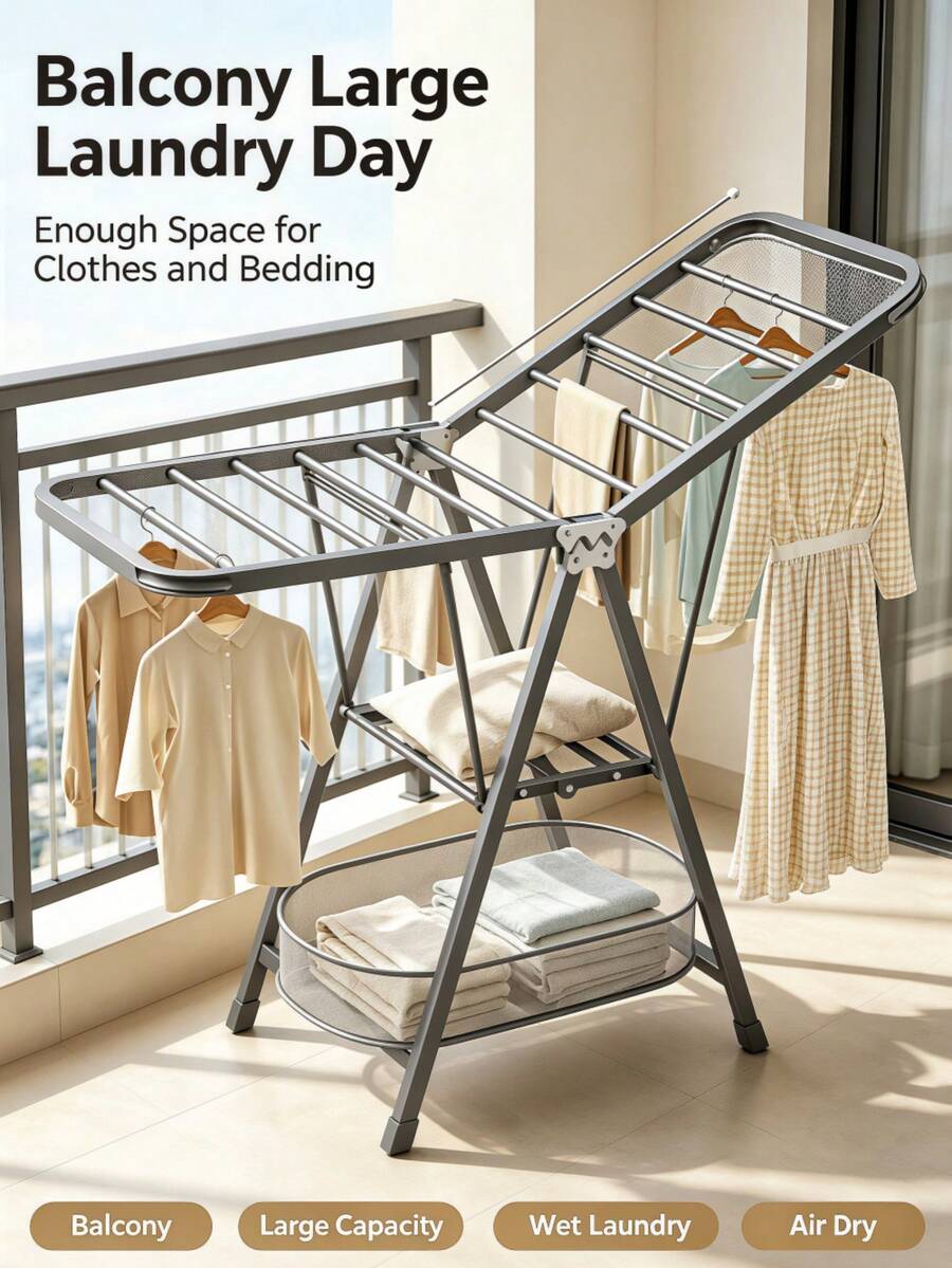 1.4M Folding Clothes Drying Rack, Freestanding Household Laundry Airer, Double‑Tier Metal Drying Hanging Rods, Fold‑Flat Space‑Saving Garment Stand, Sturdy Grey Indoor Balcony Clothes Dryer Rack, Suitable For Apartment, Dormitory And Household Use