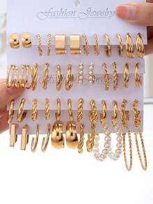 48pcs/Set Anting-Anting Mutiara Imitasi Berhias Logam Multi-Elemen Set Perhiasan Wanita yang Indah Hadiah Ulang Tahun - Emas - View 1