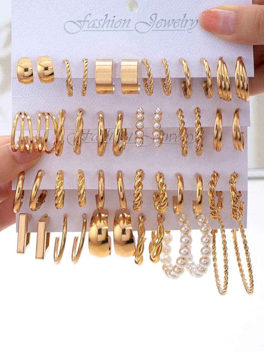 48pcs/Set Anting-Anting Mutiara Imitasi Berhias Logam Multi-Elemen Set Perhiasan Wanita yang Indah Hadiah Ulang Tahun - Emas - View 1