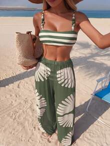 HaiiMeid 3pcs Bohemian Style Women's Bikini Set, Includes Wide Leg Pants And Abstract Leaf Print Fashion Swimsuit, Suitable For Vacation - Multicolor - View 2