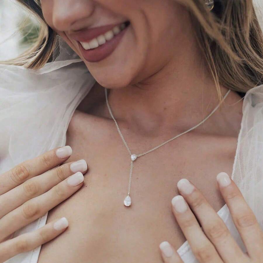 outingfit 1pc Fashionable Double Water Drop Y-Shaped Pendant Necklace, Girls Graduation Prom Evening Party Accessory, Wedding Gift, Daily Date Jewelry - Teardrop Pendant - View 1