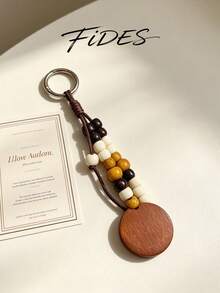 1PC Woven Rope Wooden Bead Pendant With Round Wooden Disc Charm, Personalized Artistic Textured Hanging Ornament, Daily Bag Decoration Accessory, Beaded Craft Decorative Pendant - Multicolor - View 6