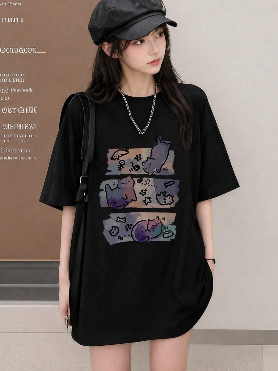 Japanese Style Women's Loose Casual Crew Neck Cartoon Cat Print Short Sleeve T-Shirt, Spring/Summer Black - Black - View 1