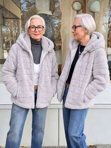 Women's Faux Fur Hooded Pocket Coat - Perfect Choice For Autumn/Winter - Grey - View 10