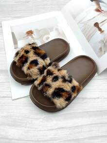 1 Pair Girls Leopard Print Slippers, Fashionable And Cute Flat Slippers, Suitable For Indoor And Outdoor Wear All Seasons - Chocolate Brown - View 10
