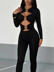 AiTyi Designer Metal Buckle Hollow Long Sleeve Fitted Jumpsuit, High Elasticity Slim Fit, Back To School Autumn Party Y2K Style - Black - View 3