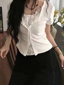 Women's Lace Patchwork Casual Versatile Daily Wear Short Sleeve T-Shirt White Summer - White - View 7