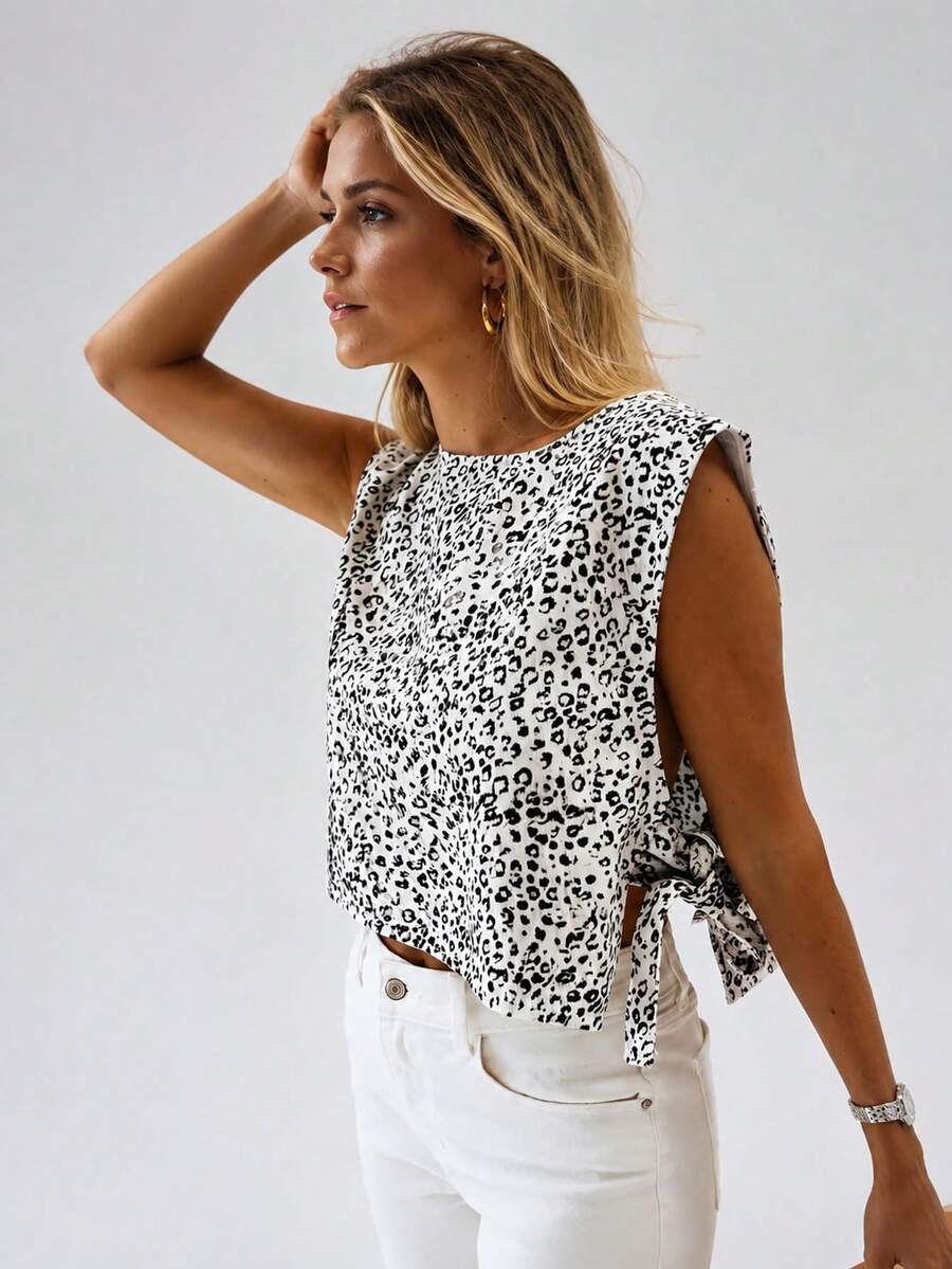 Acelitt Summer Fashion Black & White Leopard Print Tie-Front Sleeveless Round Neck Tank Top Casual Vacation - Black and White - View 1