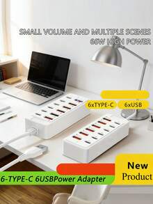 12-Port USB Charging Hub 66W (6 Type-C PD + 6 USB-A), Max 25W Per Port, Only For Phones And Small Electronic Devices, No Laptop Fast Charging Support, Mini Desktop Charging Station, Cables Not Included - White - View 4
