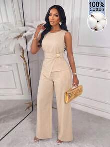 AIJ Women's Fashion Beige 2 Pieces Set, Tank Top And Wide Leg Pants, Elegant Casual Autumn Outfit, Suitable For Daily Commute, Office, Outings - Apricot - View 5