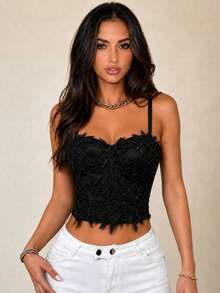 Appliques Pearls Beaded Bustier Cami Top Casual Black Summer - Black - View 1
