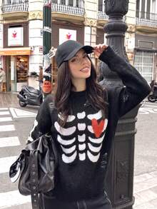 Halloween Dark Y2K Street Style, Skeleton Heart Jacquard Knit Sweater, Suitable For Back To School And Holidays - Black - View 1