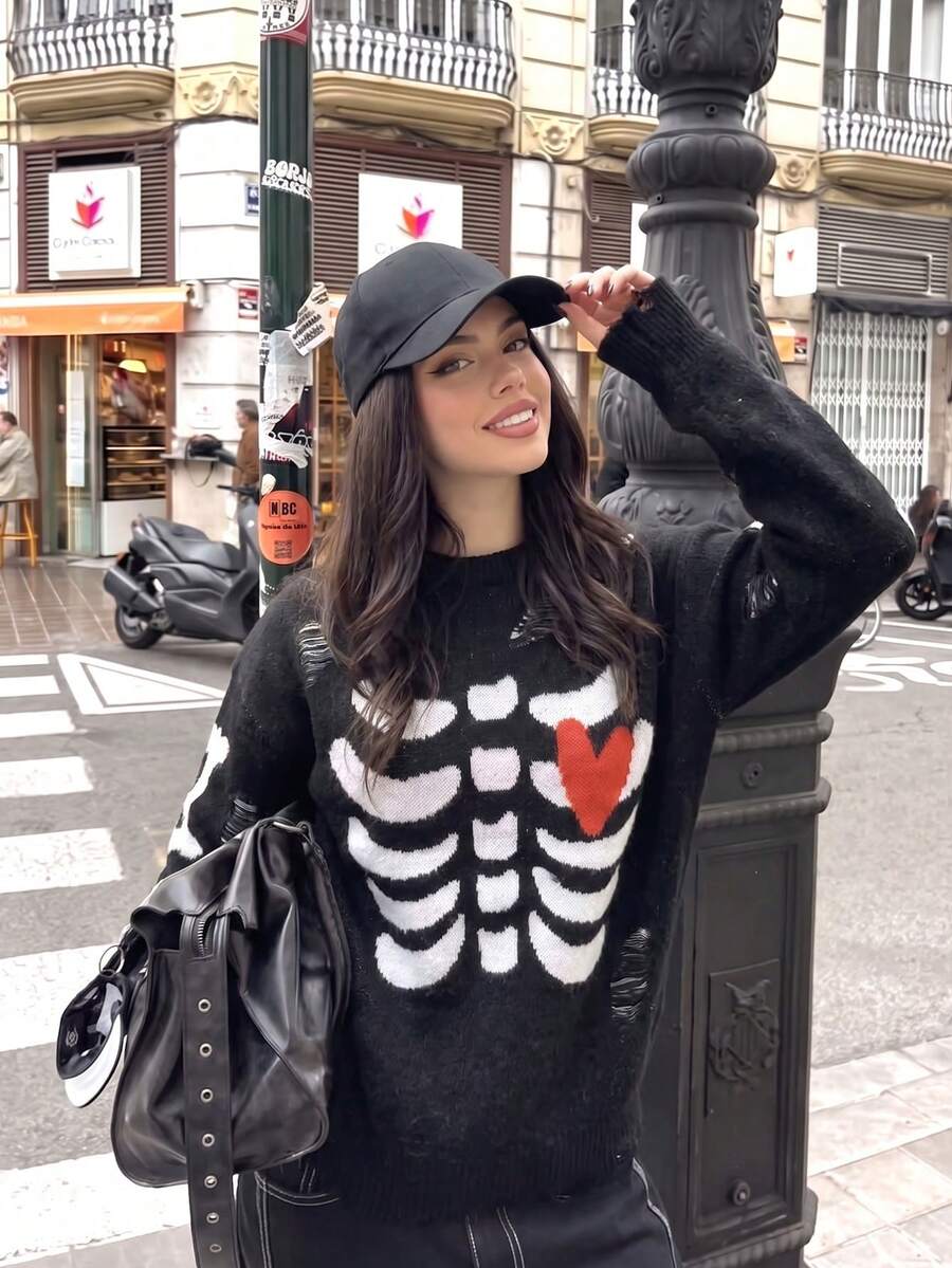 Halloween Dark Y2K Street Style, Skeleton Heart Jacquard Knit Sweater, Suitable For Back To School And Holidays - Black - View 1