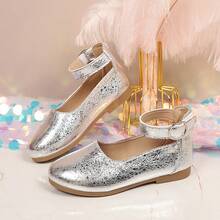 2026 Newest Girls' Shoes, Princess Style Silver Cracked Pattern Glitter Flat Shoes, Comfortable And Breathable, Suitable For School, Party, Outdoor, Wedding - Silver - View 2