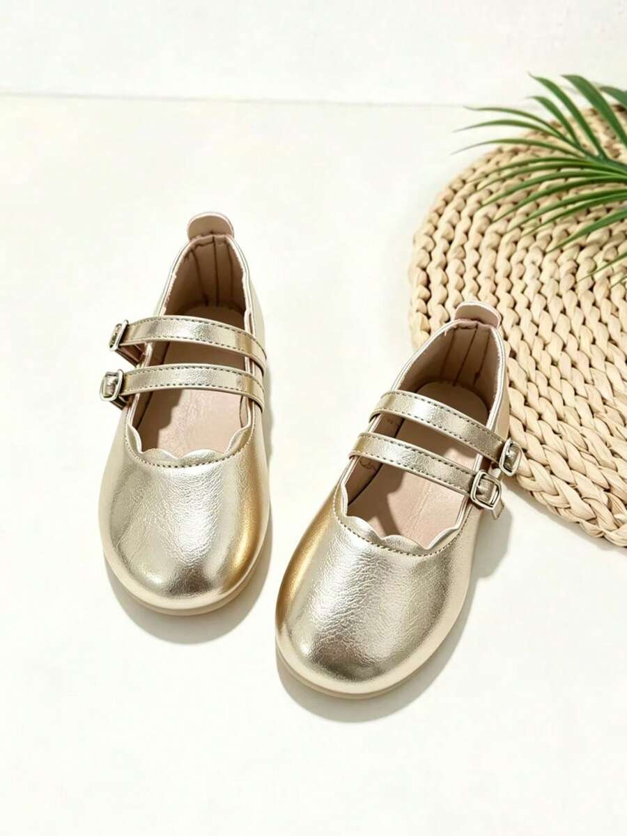 1 Pair Shiny Metallic Gold Girls' Leather Shoes, Exquisite Wavy Lace ...