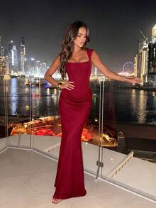 Women's Sleeveless Backless Draped Mermaid Dress With Back Tie Design, Perfect For Formal Occasions And Parties - Burgundy - View 2