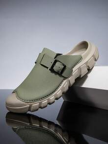 Men's Dark Green Buckle Beach Sandals, Microfiber Leather Non-Slip Thick Sole, Outdoor Vacation Daily Commute Sandals - Dark Green - View 1
